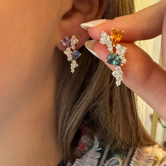 Mixed Colored Sapphires & Diamond Cluster Earrings