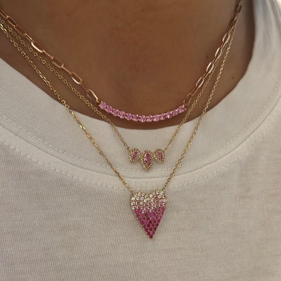 3 Pear Shaped Pink Sapphires & Diamond Halo Chain Necklace