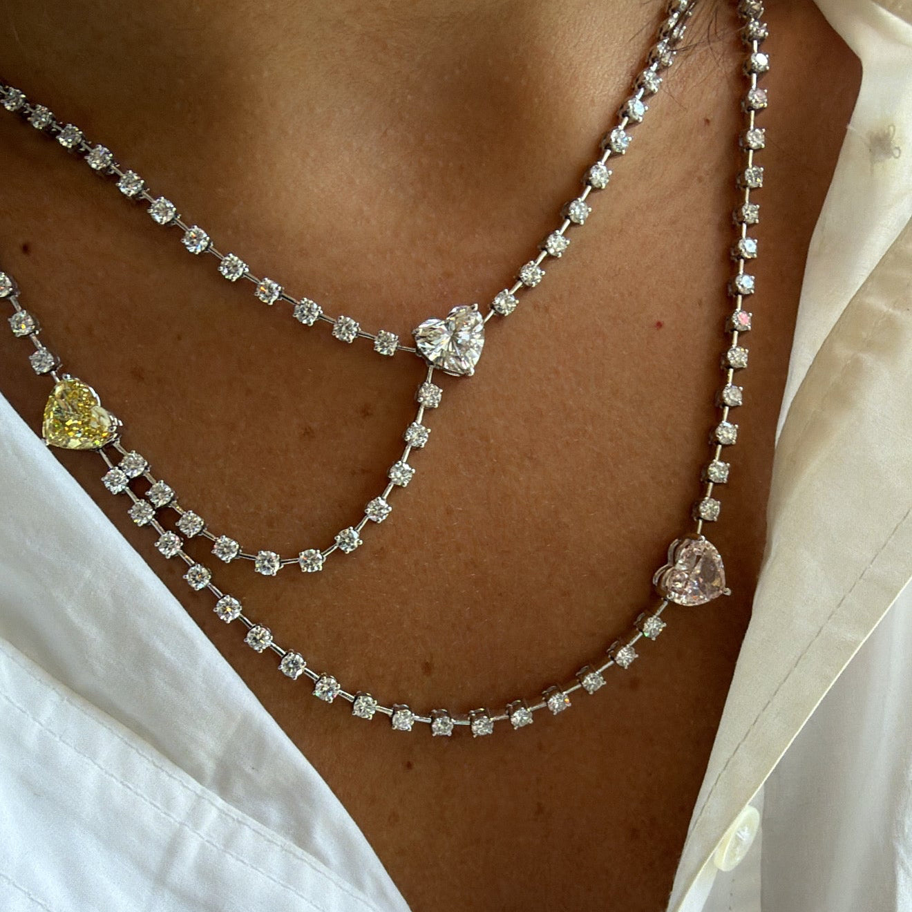 3 Strand Lab Tennis Necklace With Colored Heart Diamonds