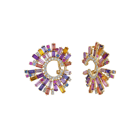 Mixed Color Sapphire Baguettes Burst Earrings