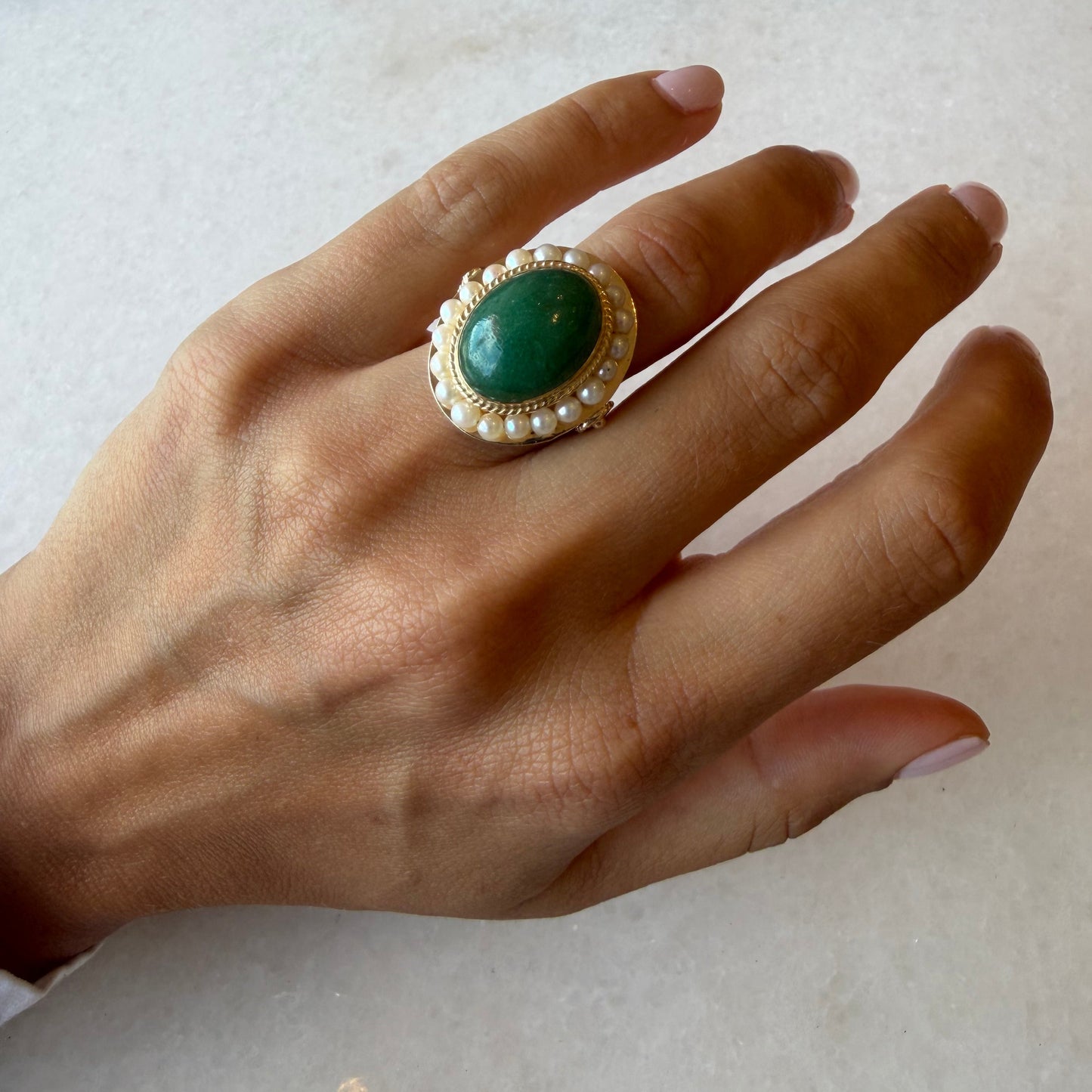 Green Stone & Pearl Halo Ring