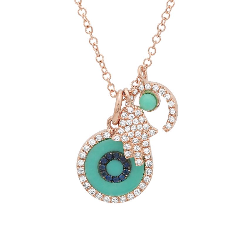 Diamond Hamsa, Moon & Turquoise Eye Charm Necklace
