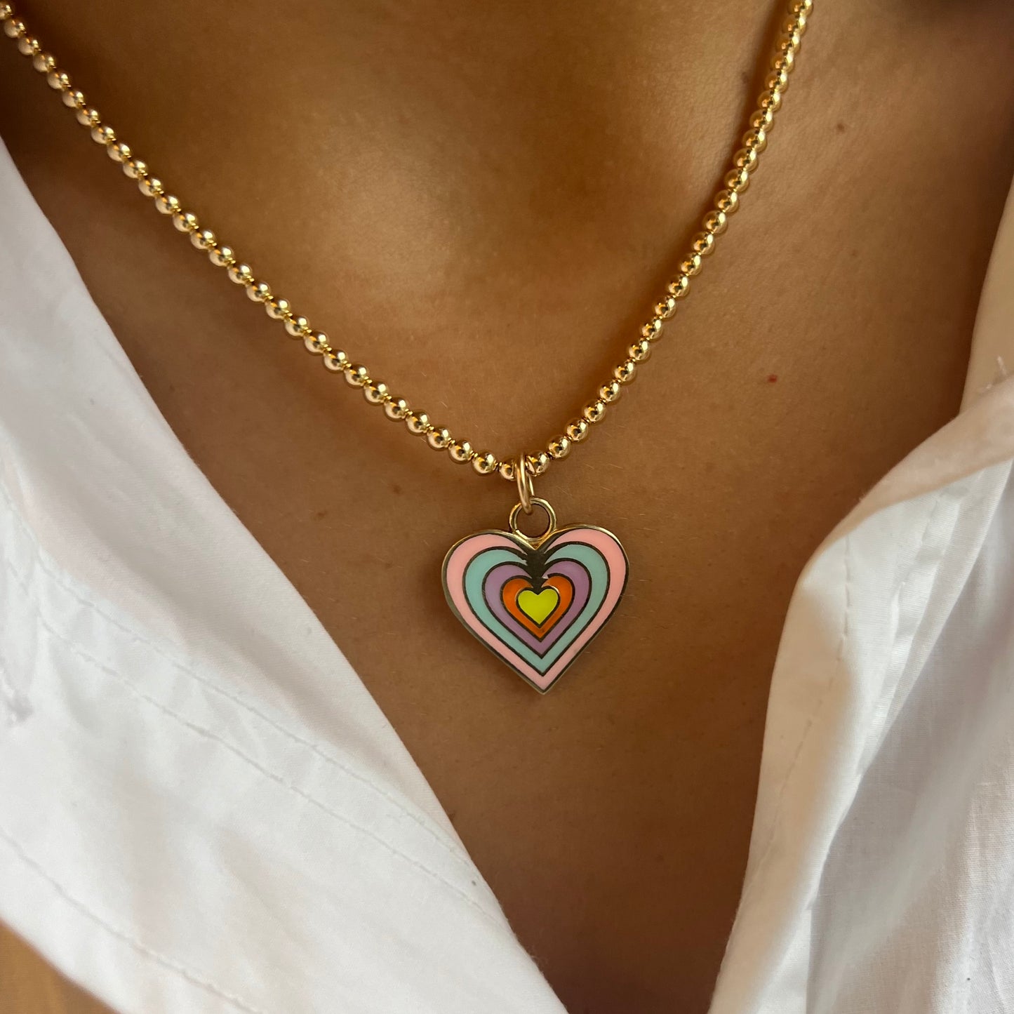 Load image into Gallery viewer, 3 mm Ball Necklace w Enamel Rainbow Heart
