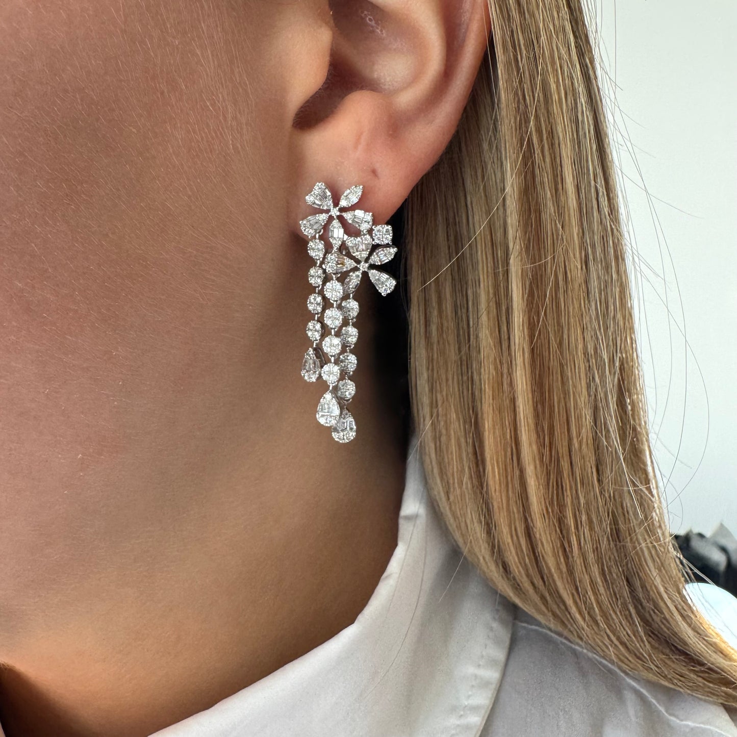 5 Petal Double Diamond Flower Dangle Earrings