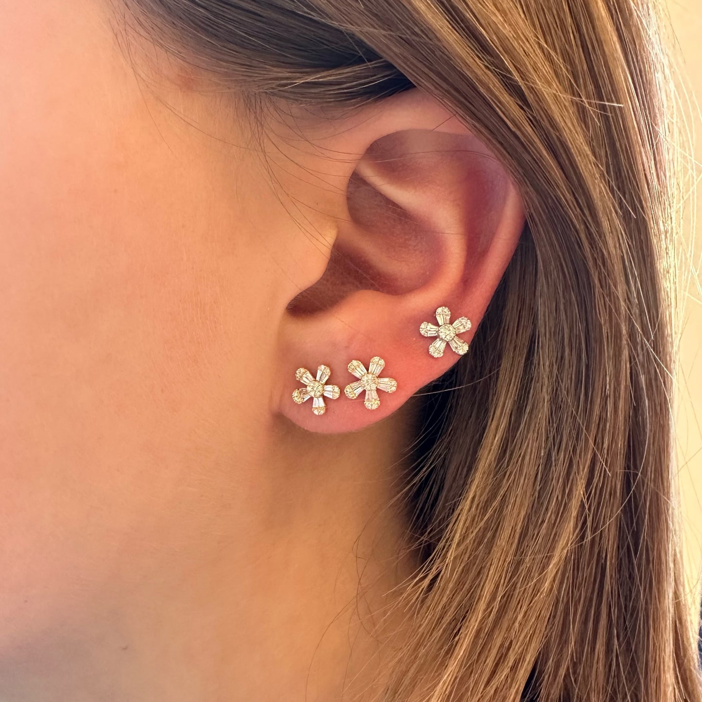 Petite Baguette Diamond Flower Earrings