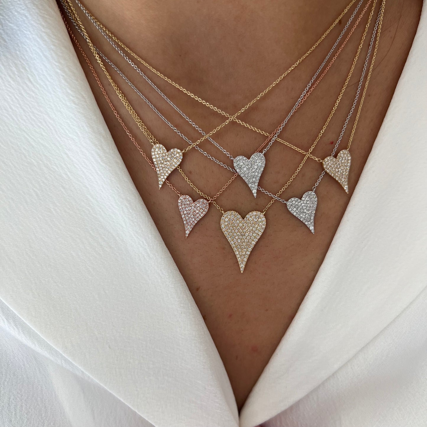 Medium Pave Diamond Elongated Heart On Chain Necklace
