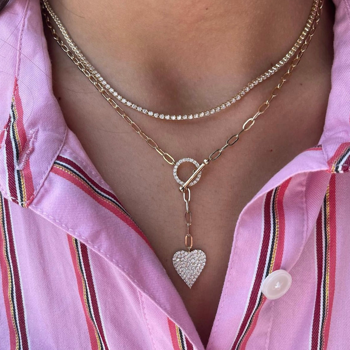 Paperclip Necklace With Diamond Toggle & Diamond Heart Lariat