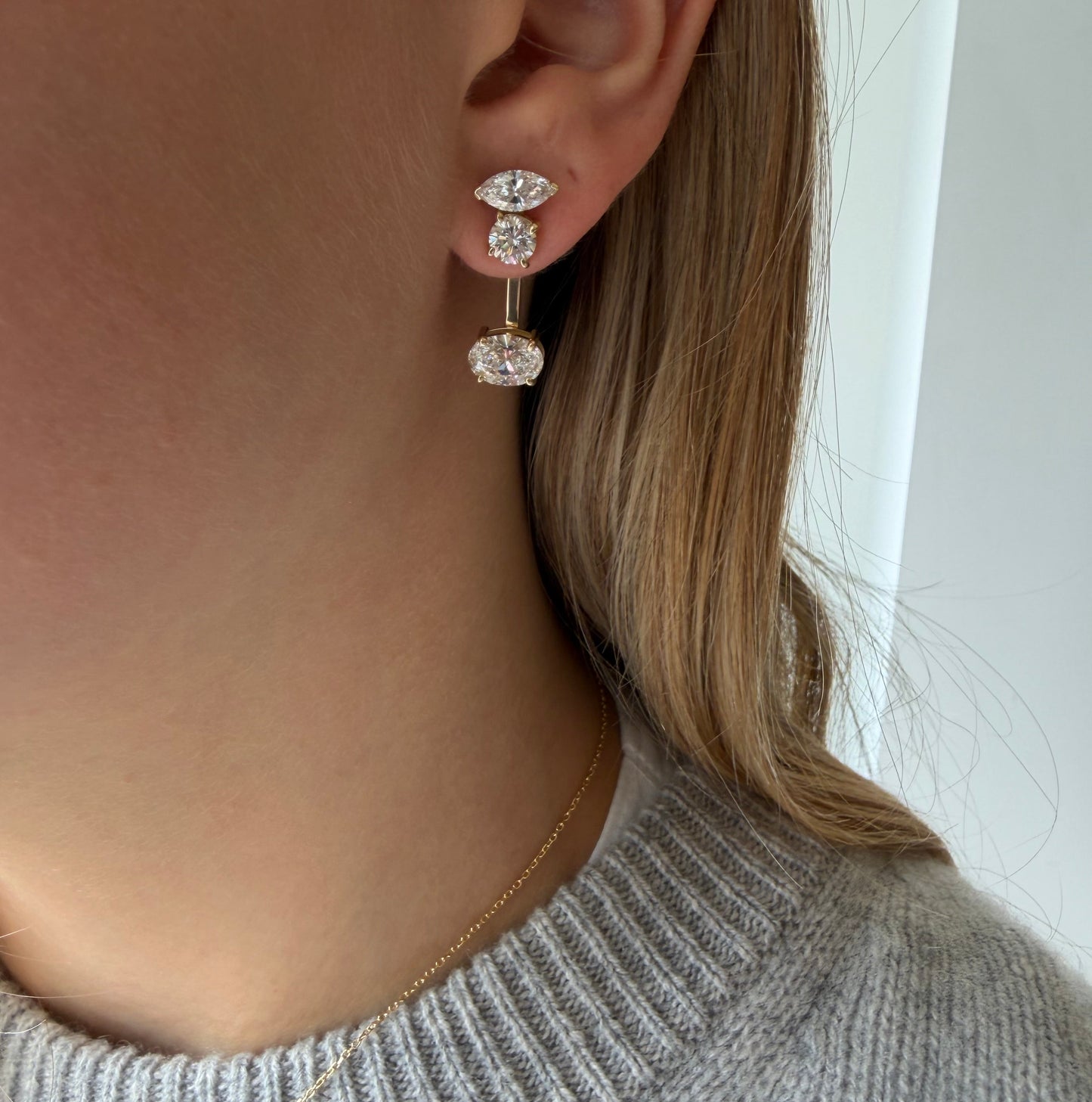 Lab Marquee & Round Diamond Earring With Oval Ear Jacket