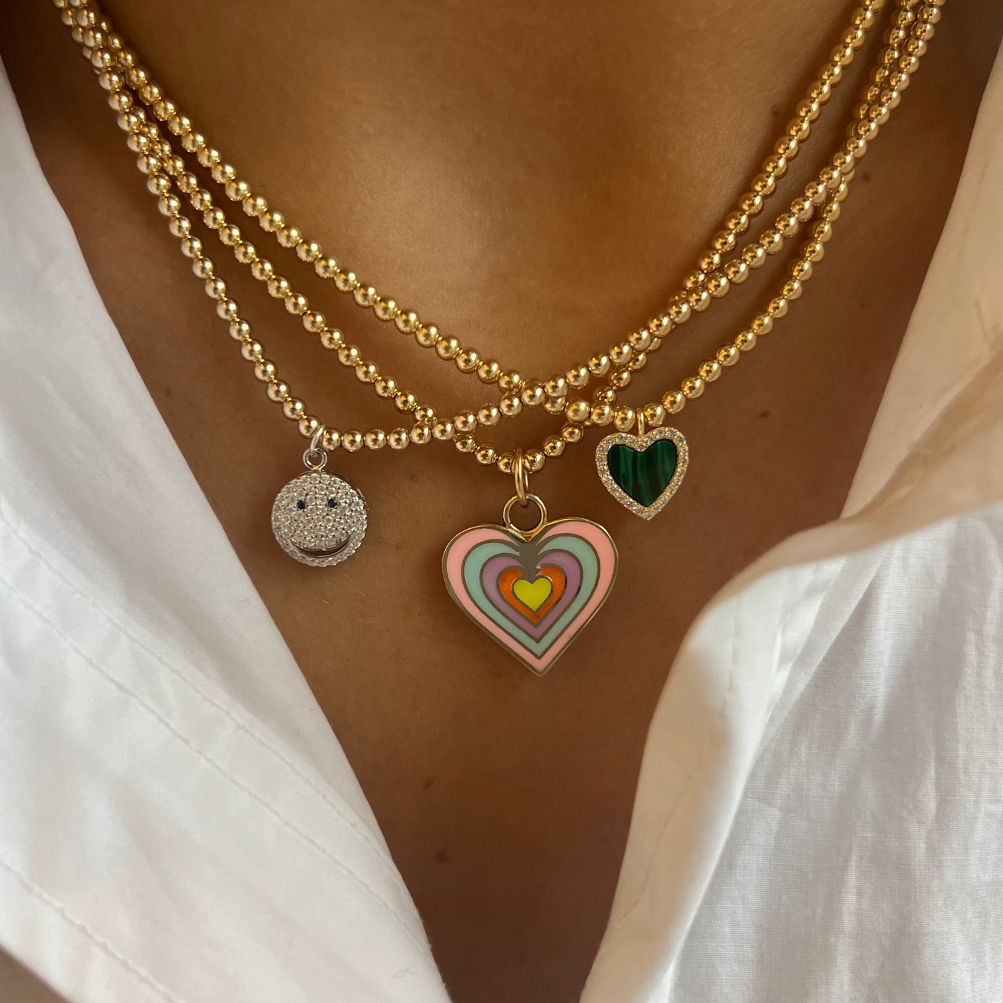3 mm Ball Necklace w Enamel Rainbow Heart