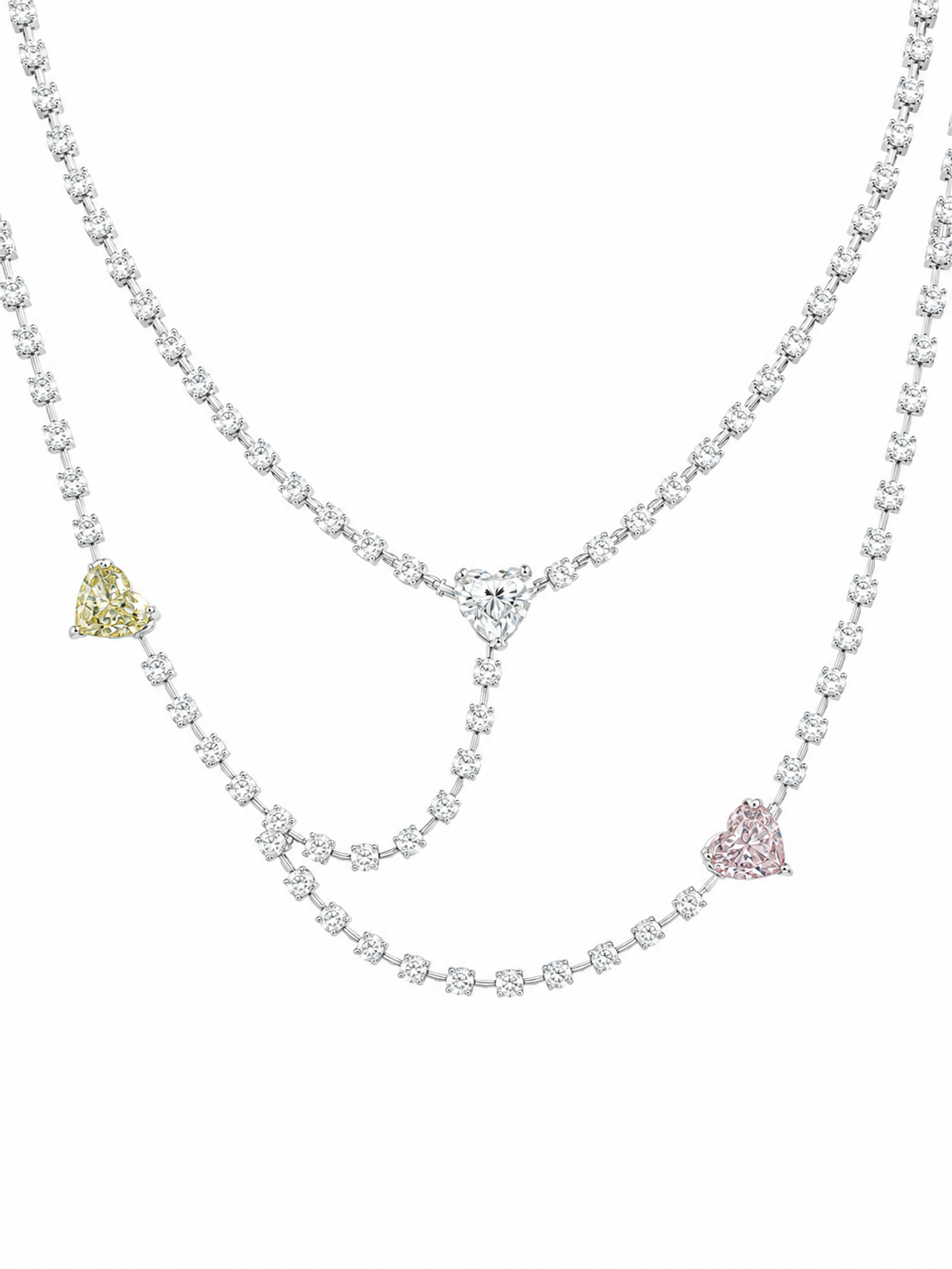 3 Strand Lab Tennis Necklace With Colored Heart Diamonds
