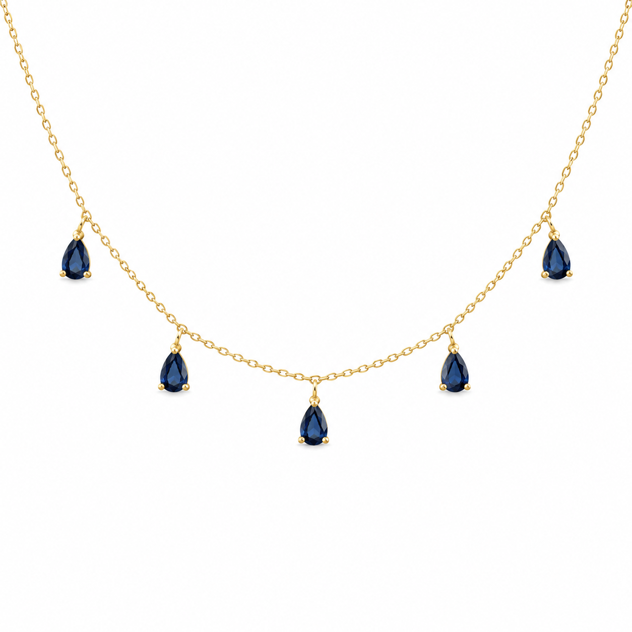 6 Station Hanging Blue Sapphire Pears Necklace