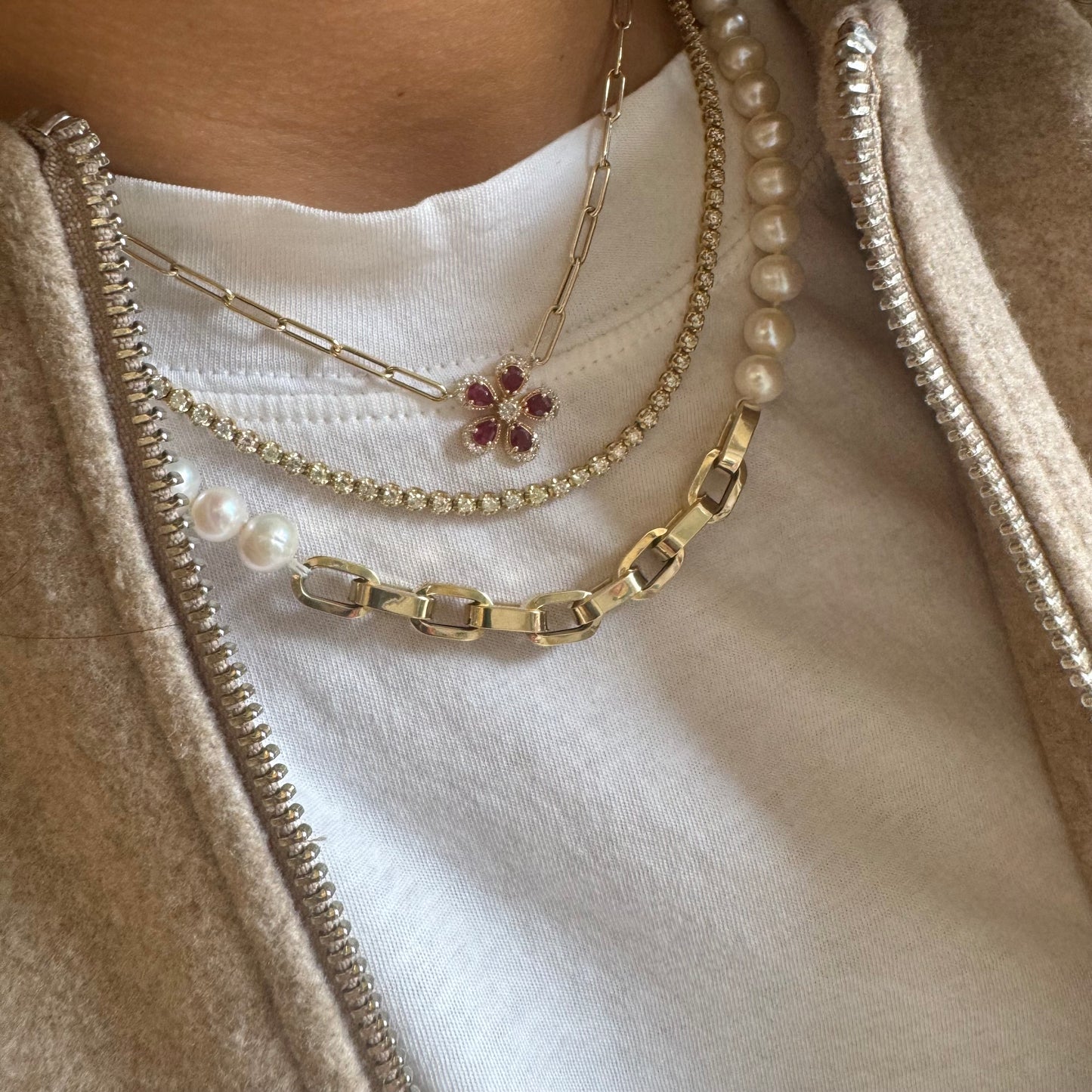 7 MM Pearl & Square Link Necklace