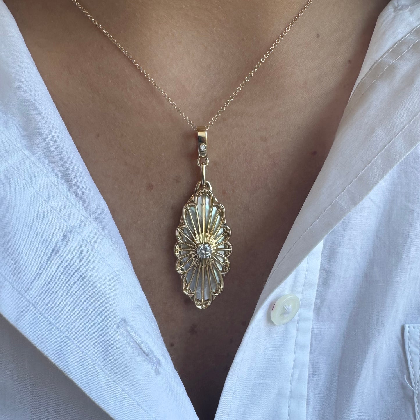 Oval Mother of Pearl Charm W/ Center Diamond & Large Clasp