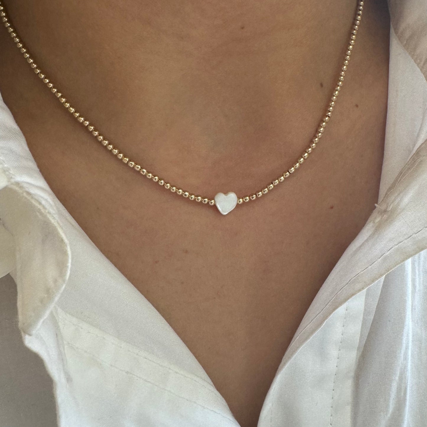 2 mm Gold Fill with White Heart Necklace