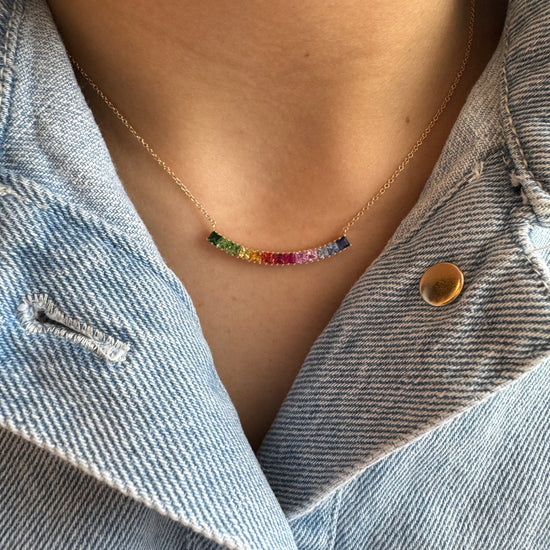 Curved Baguette Rainbow Bar Necklace