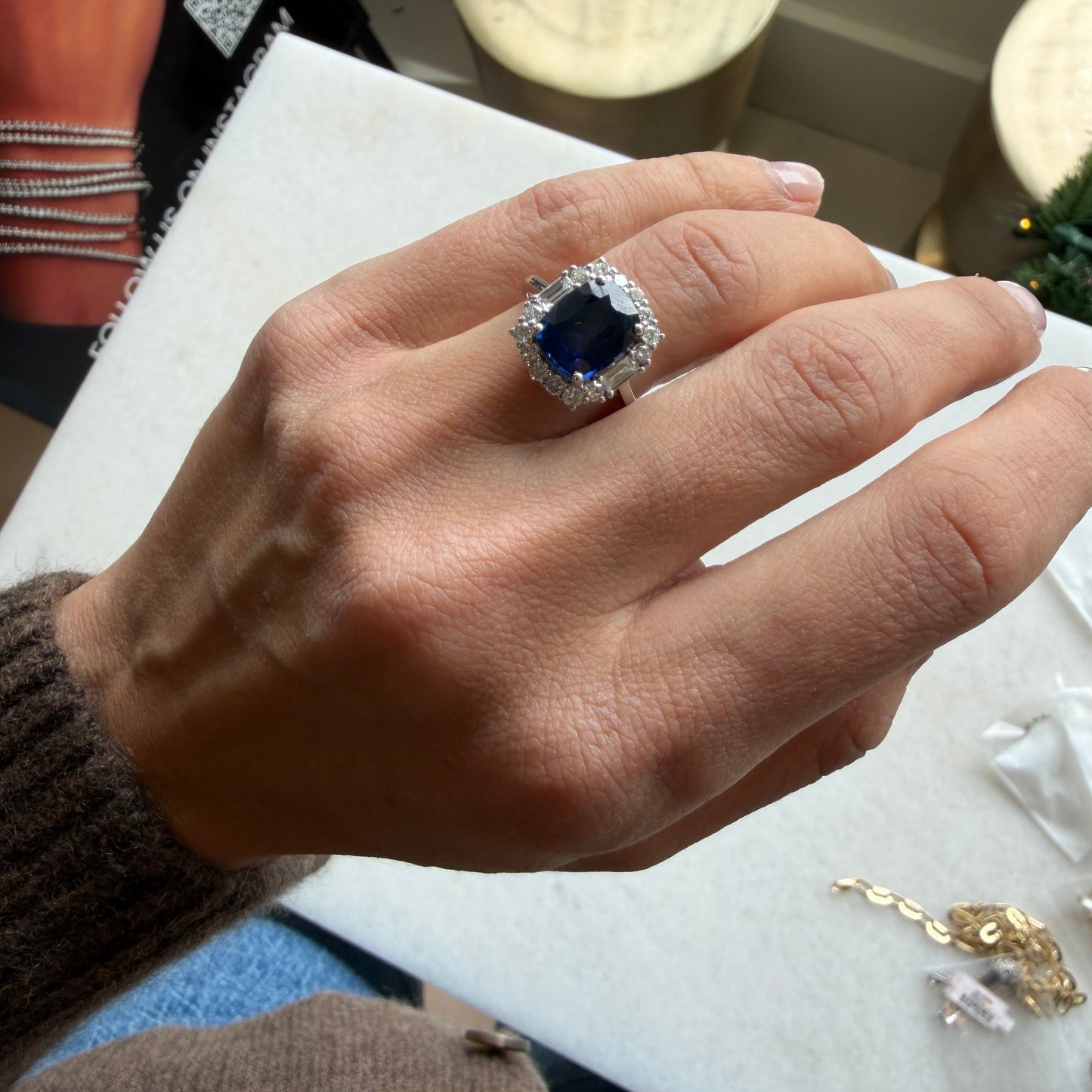 Blue Sapphire Cushion With Lab Diamond Halo Ring