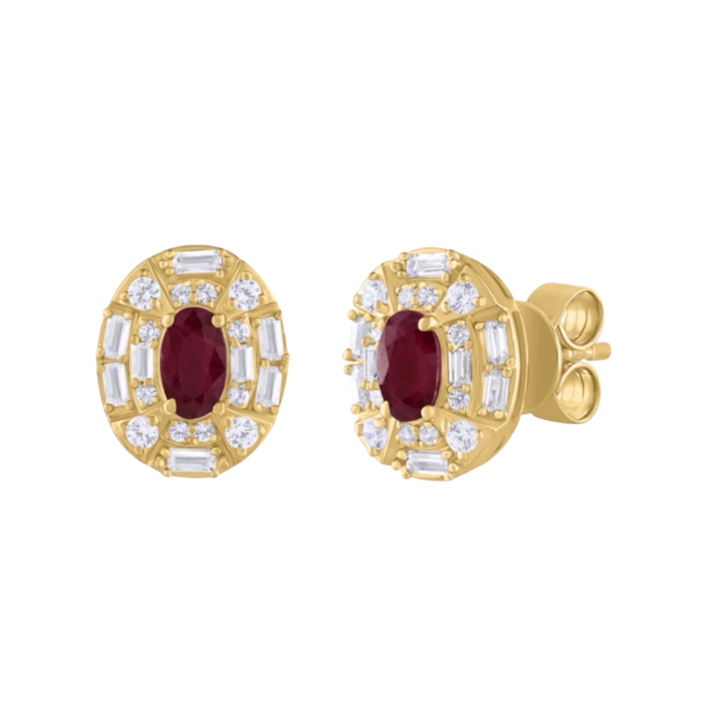 Baguette Diamond Oval Earrings With Colored Stone Center