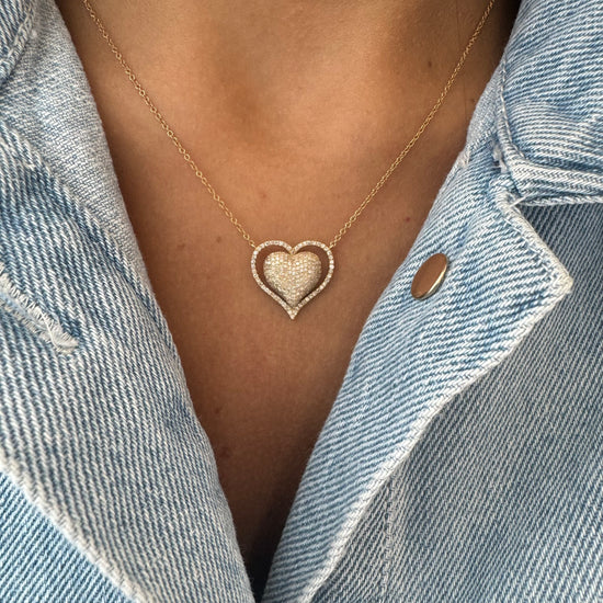 Puffy Pave Diamond Heart & Floating Diamond Bezel Necklace