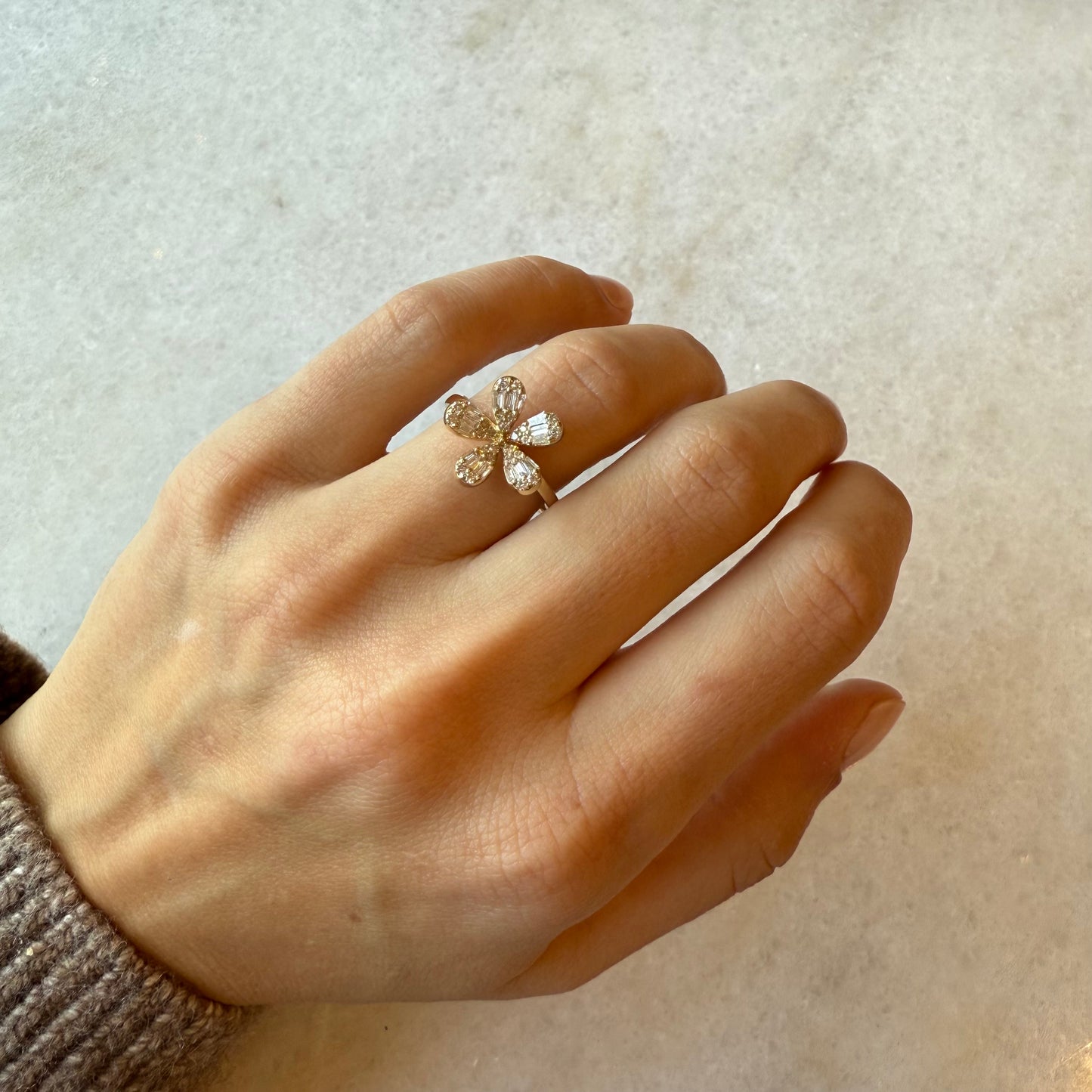 5 Petal Baguette Diamond Flower Ring