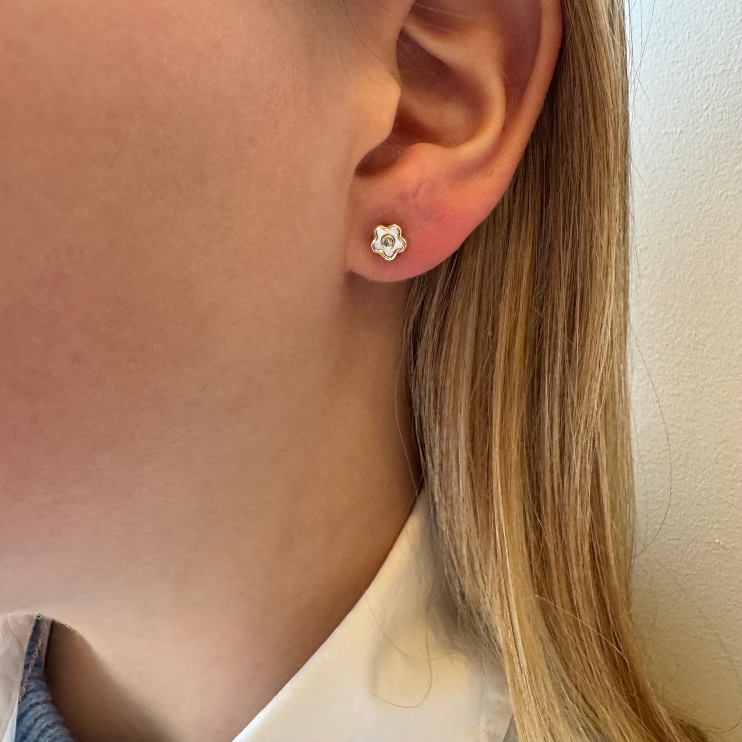 Mother of Pearl Flower & CZ Screwback Earrings