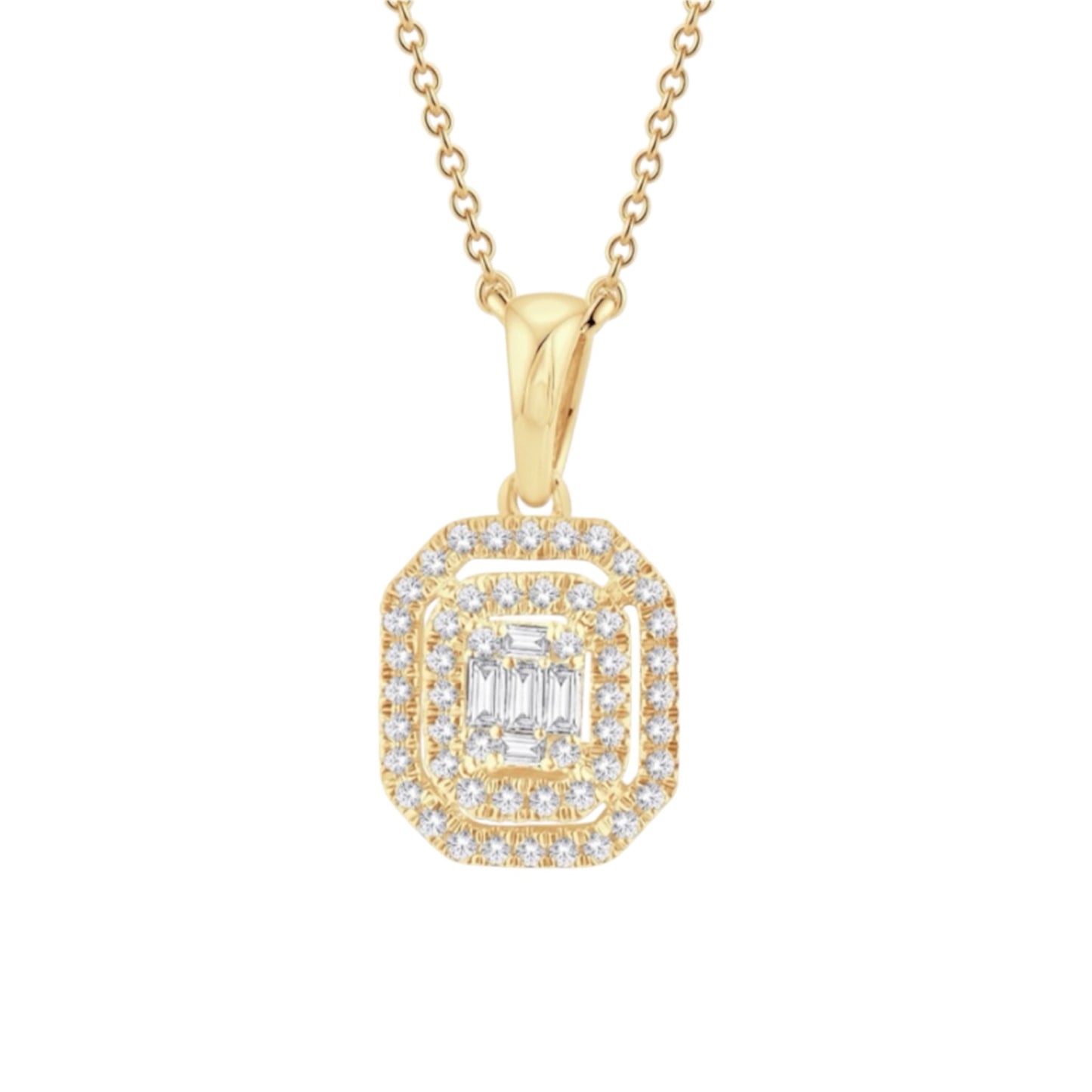 Baguette Diamond Double Halo Square Pendant Necklace