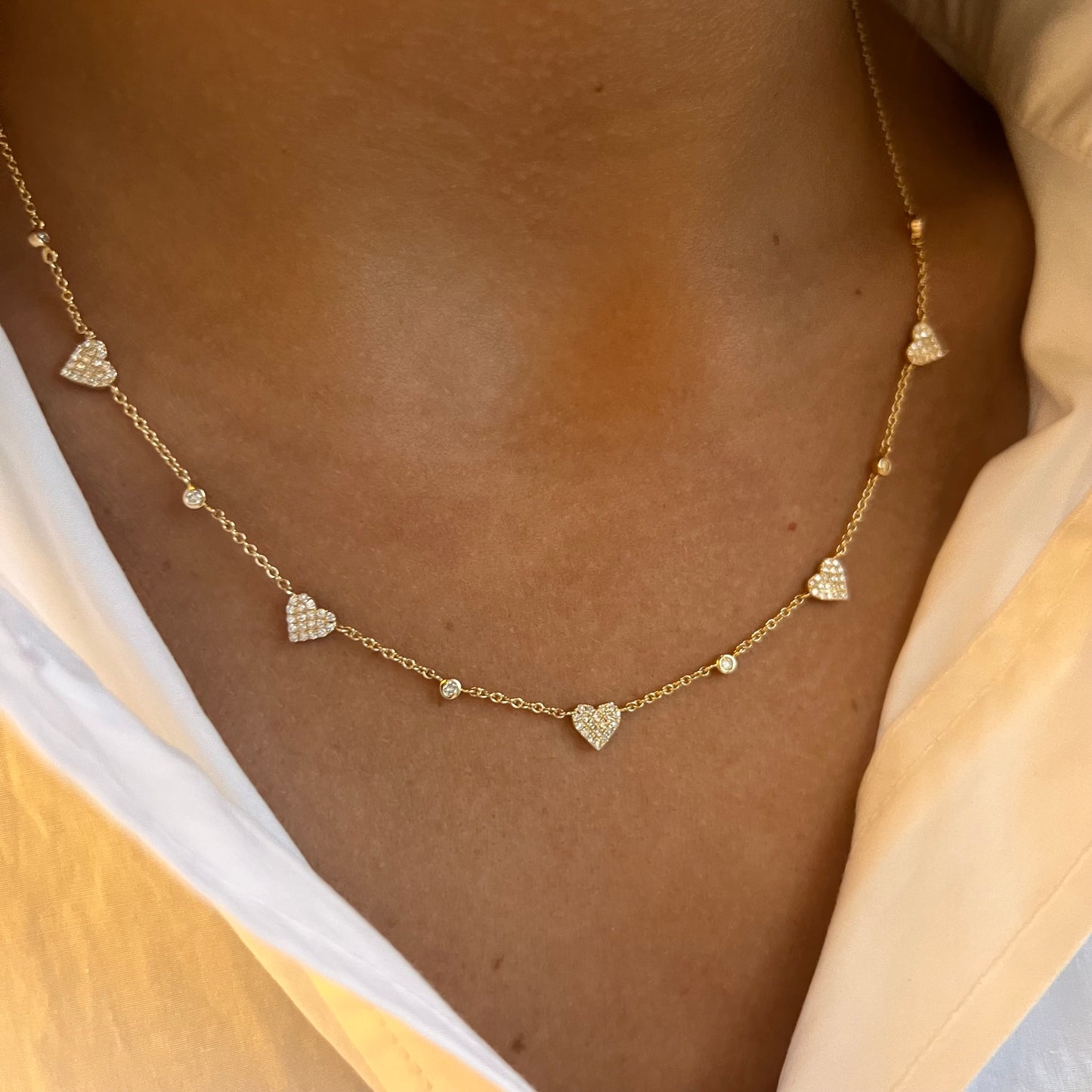 5 Pave Heart & Bezel Diamond Station Necklace