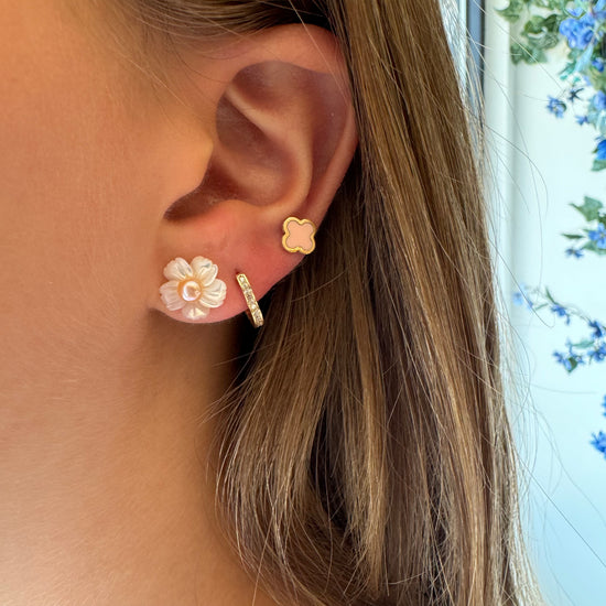 Mother Of Pearl Flower & Pink Pearl Earring, 18K Gold