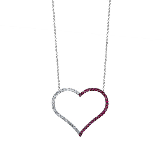 Jumbo Open Diamond Heart Necklace, Half Diamond Half Ruby