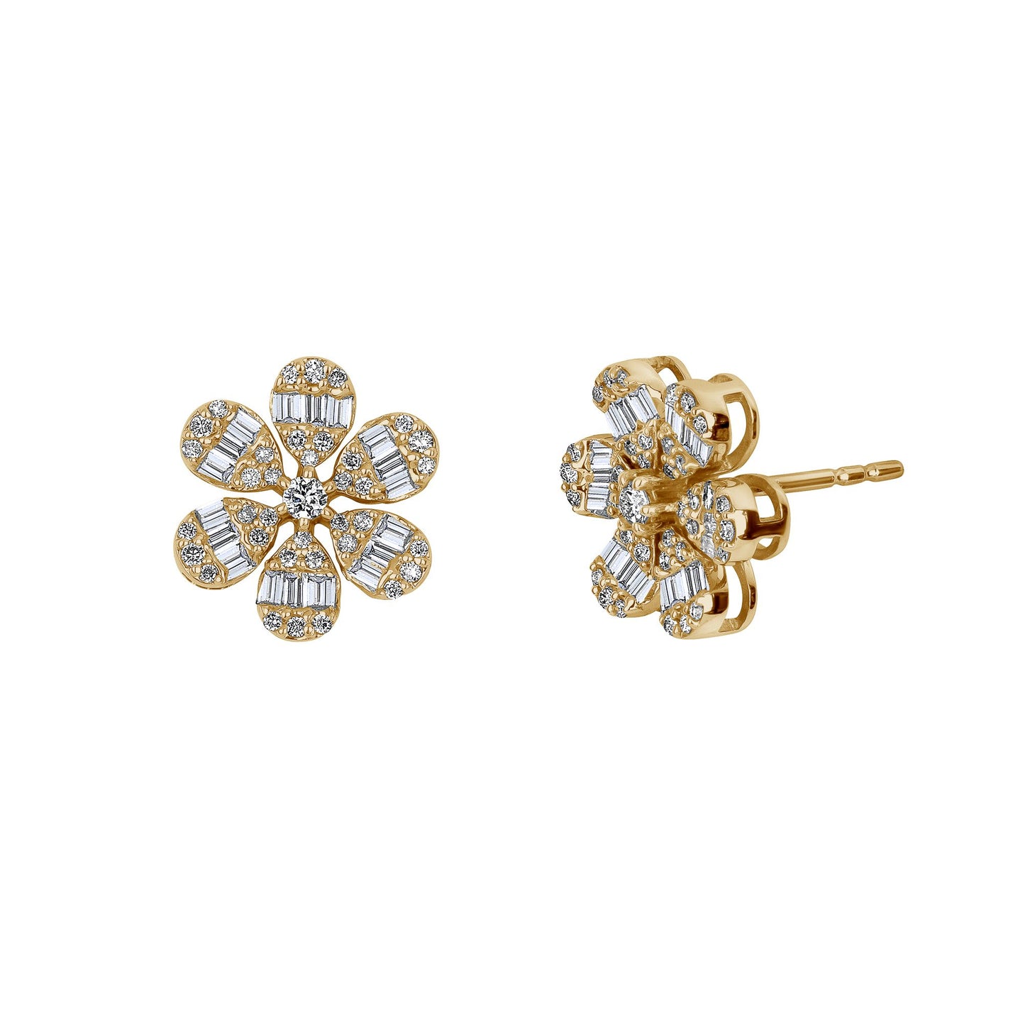 6 Petal Baguette Diamond Flower Earrings