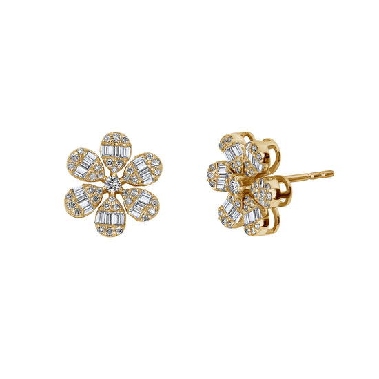 6 Petal Baguette Diamond Flower Earrings