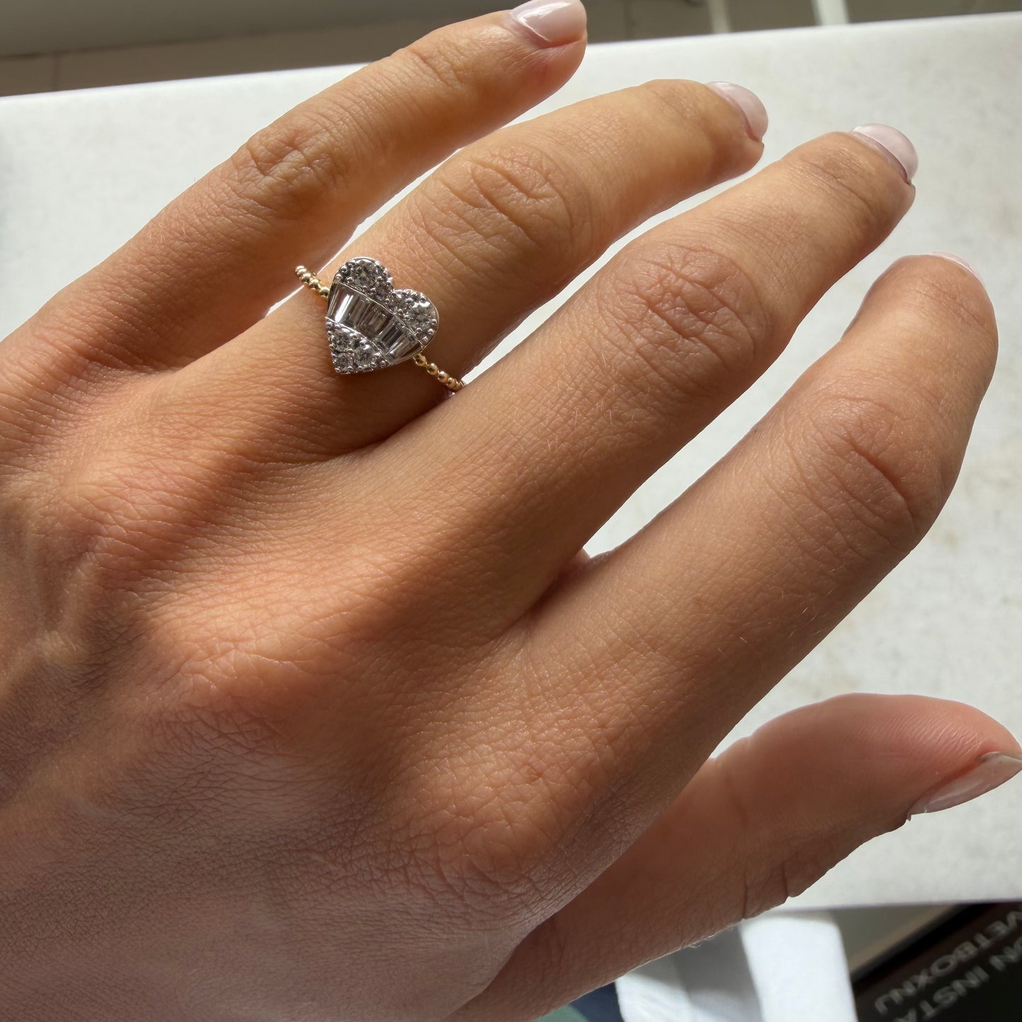 Baguette Diamond Heart Ring on Ball-Detail Band