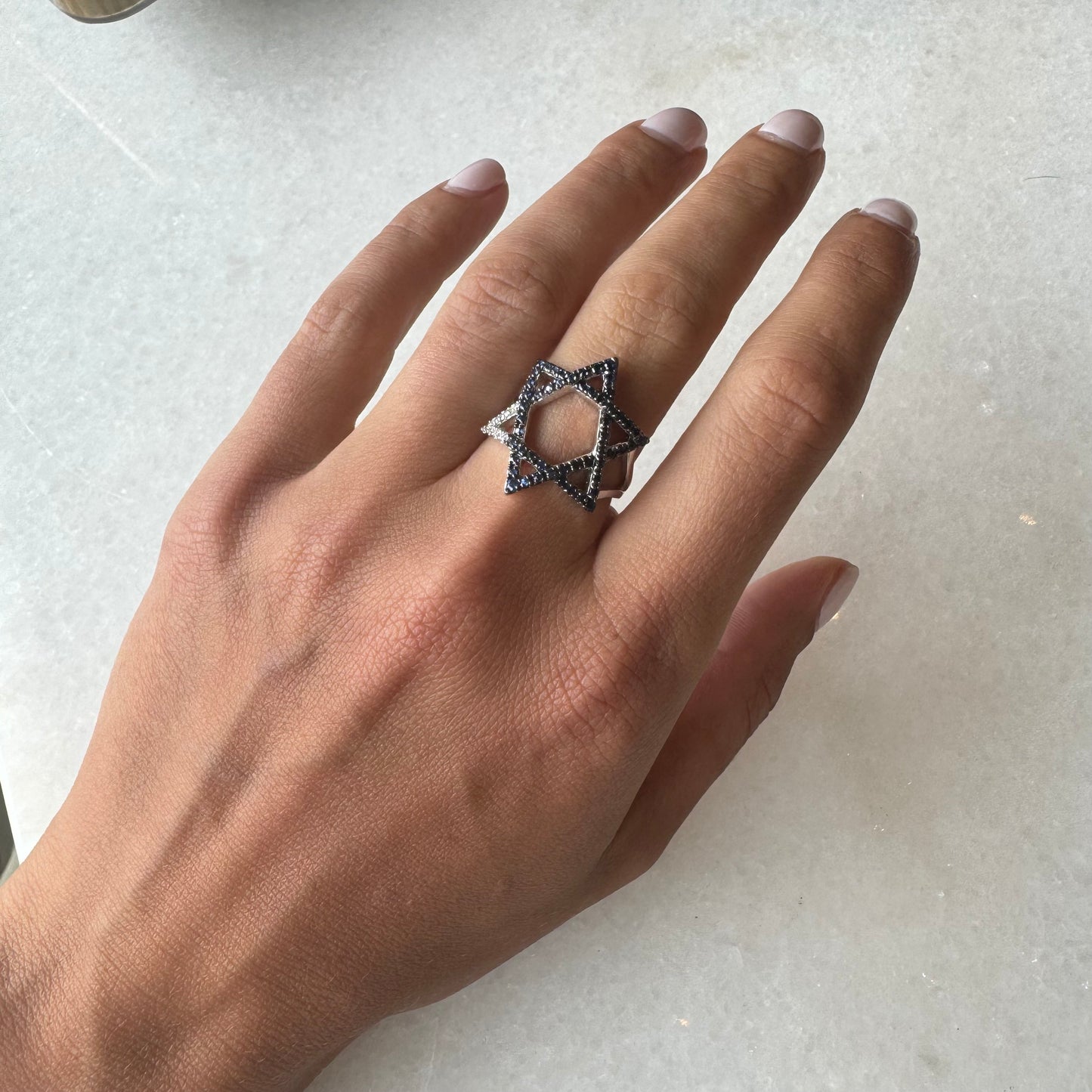 Large Ombre Blue Sapphire & Diamond Magen David Ring