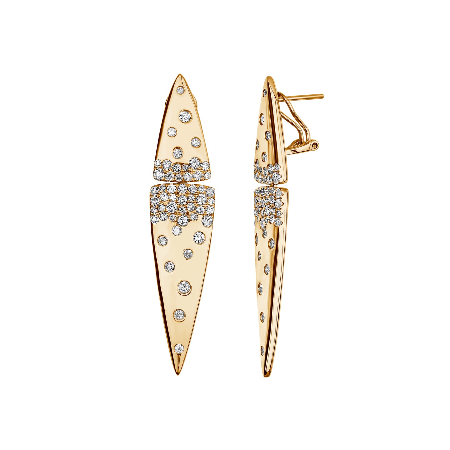 Elongated Scatterd Gold & Diamond Double Triangle Earrings