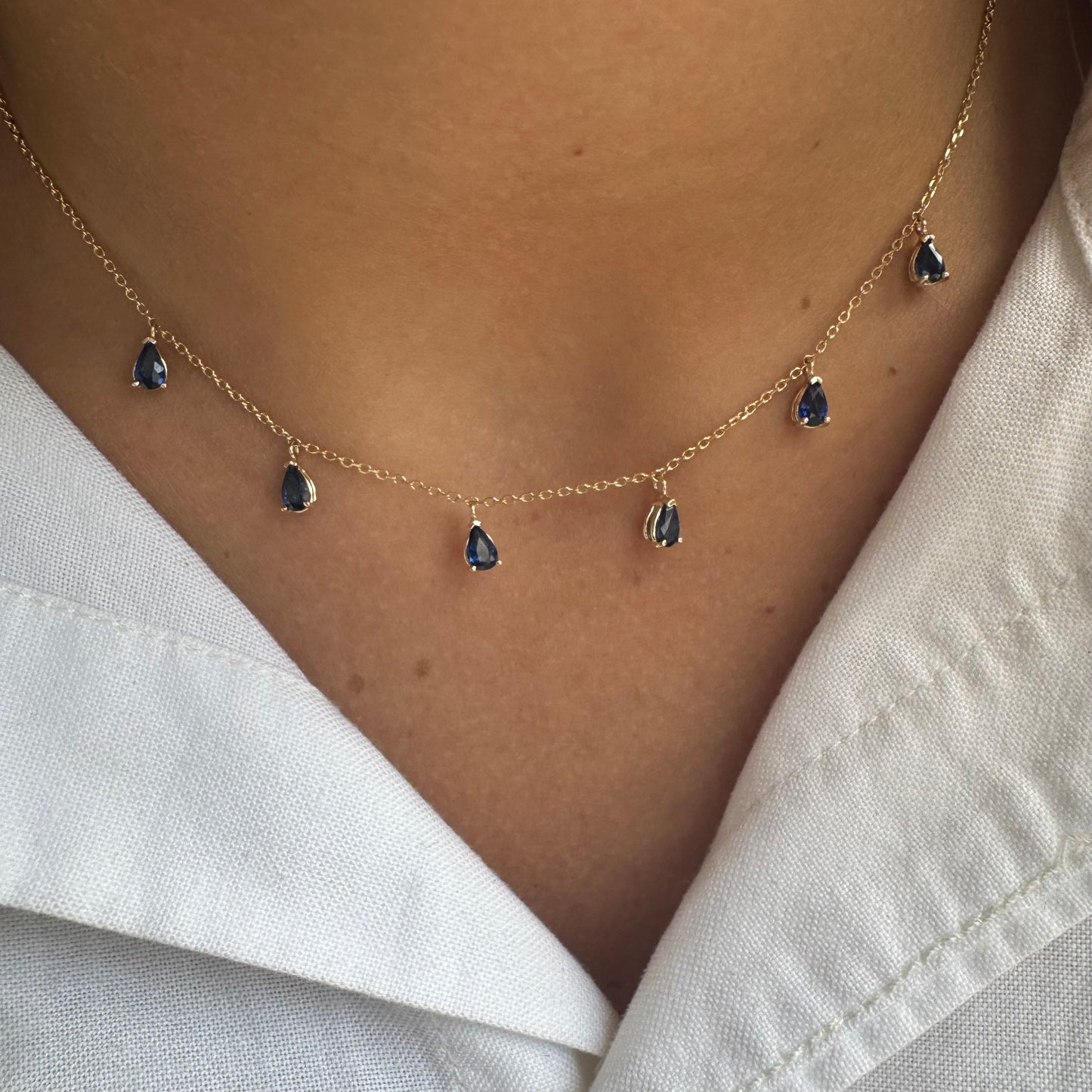 6 Station Hanging Blue Sapphire Pears Necklace