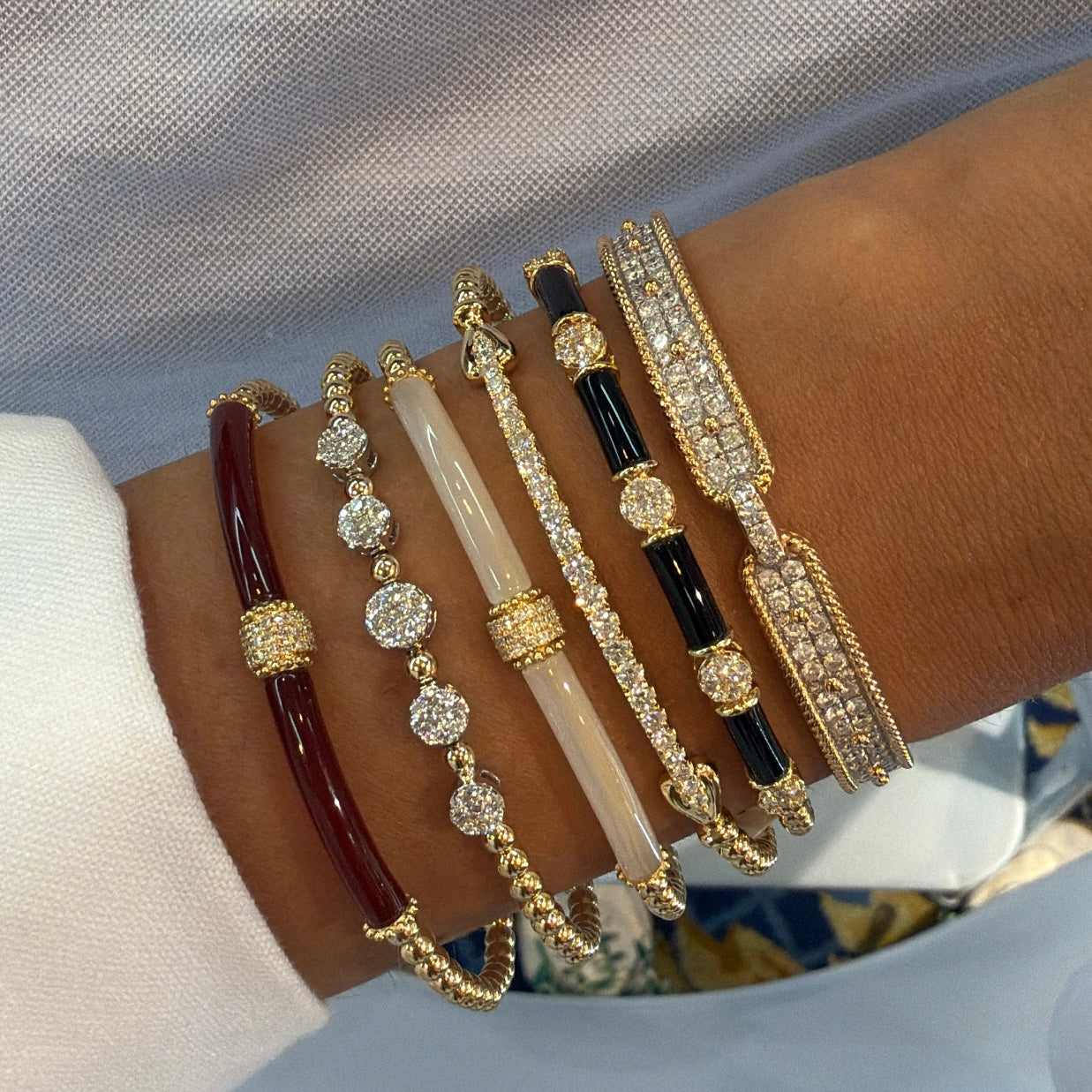 5 Pave Diamond Discs on Beaded Ball Bangle