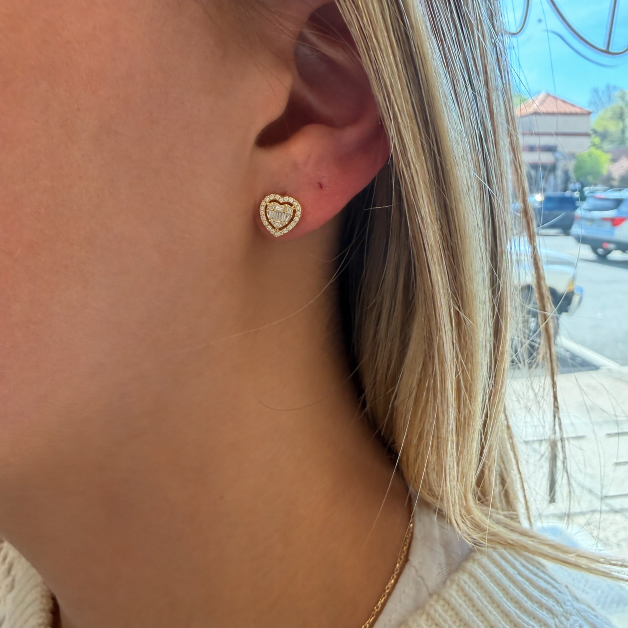 Small Baguette Diamond Halo Heart Earrings