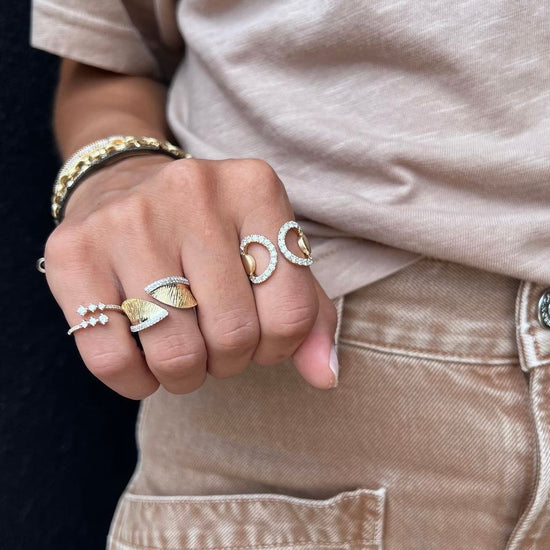 Brushed Gold & Diamond Open Slanty Ring