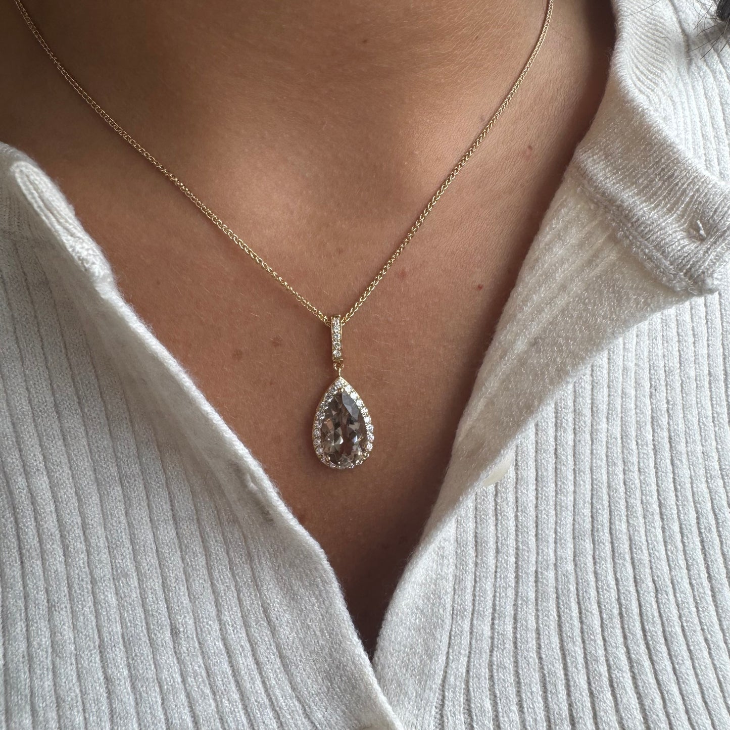 Smoky Topaz Pear & Diamond Halo Necklace