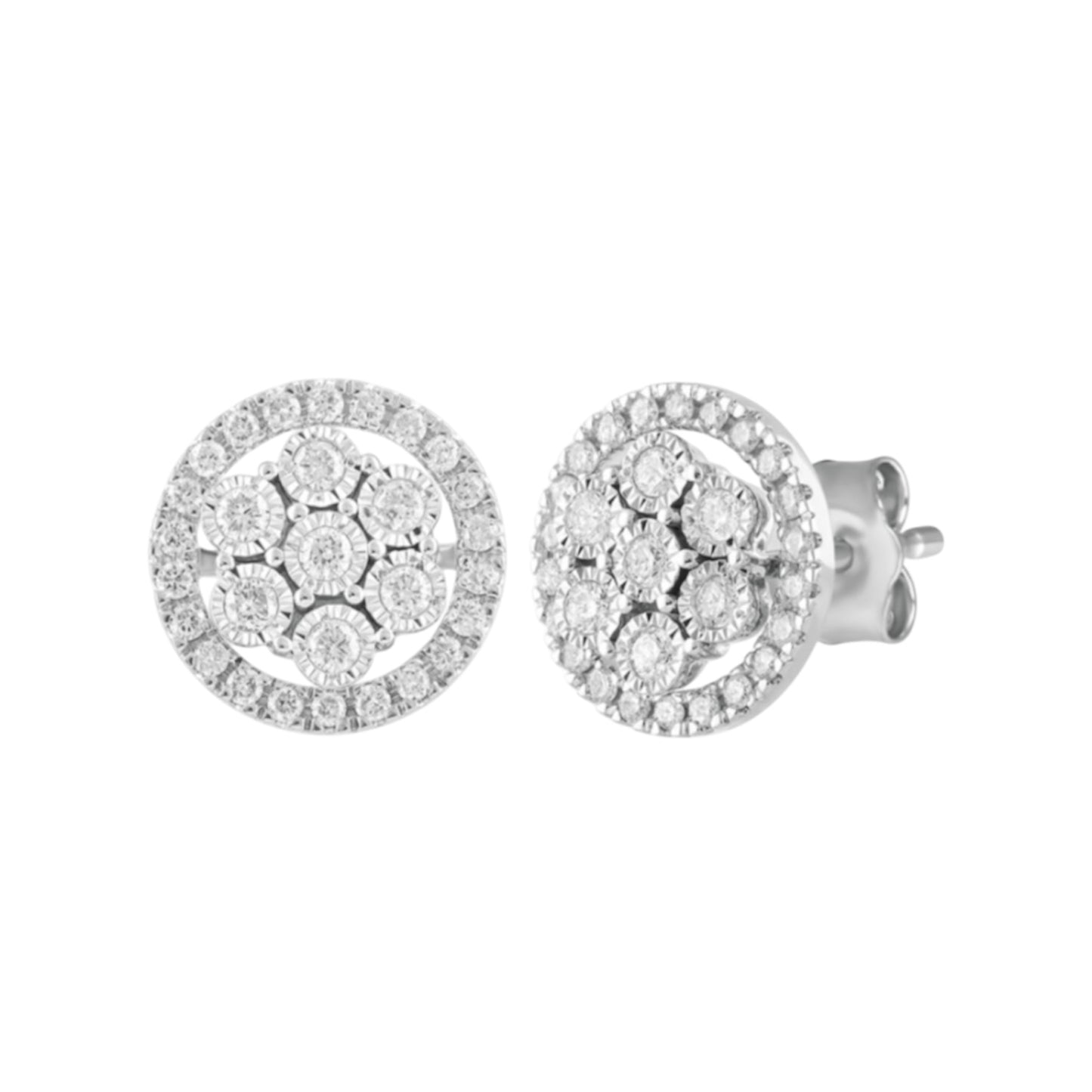 Round Diamond Flower Cluster Earrings With Halo