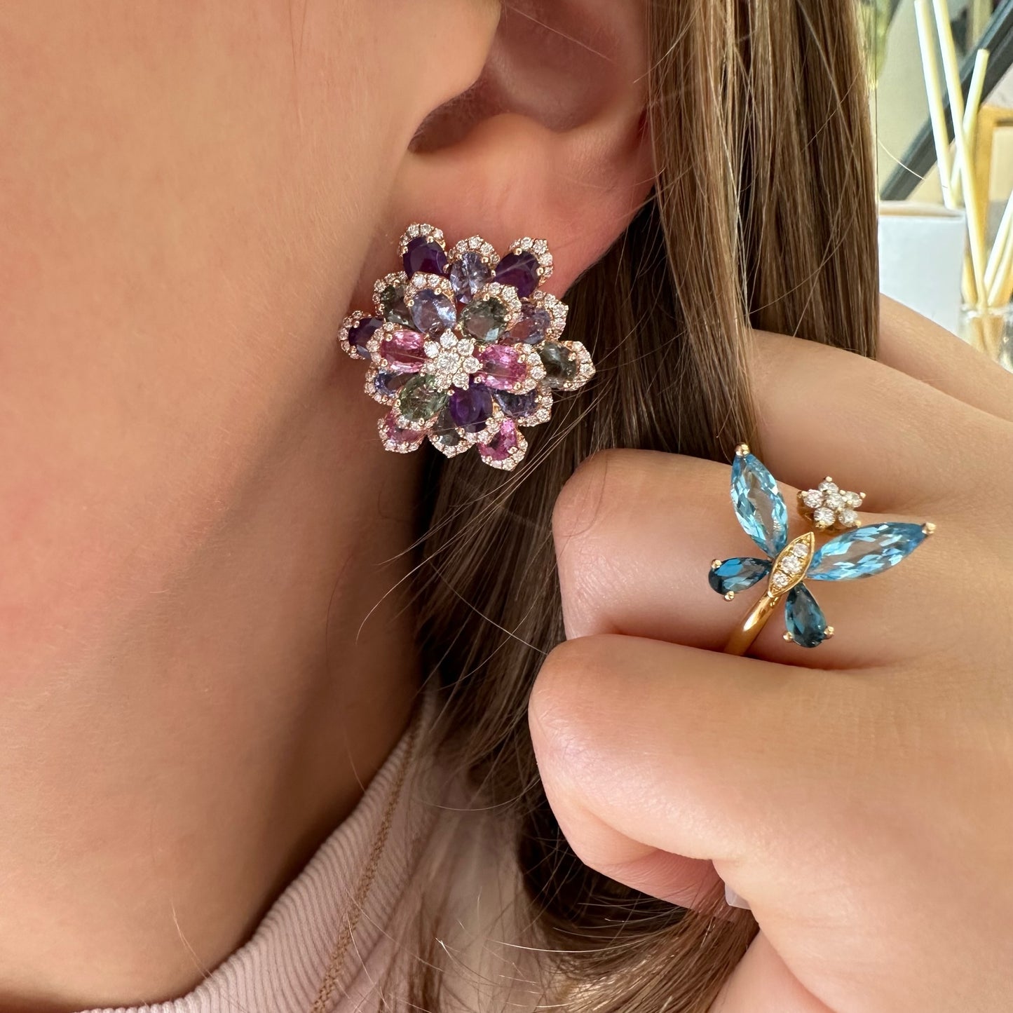 Mixed Color & Diamond Floret Earrings