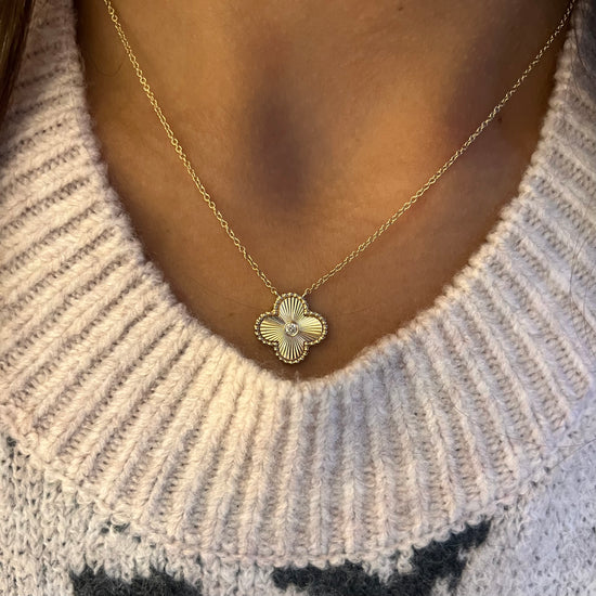 Fluted Gold & Diamond Clover Necklace