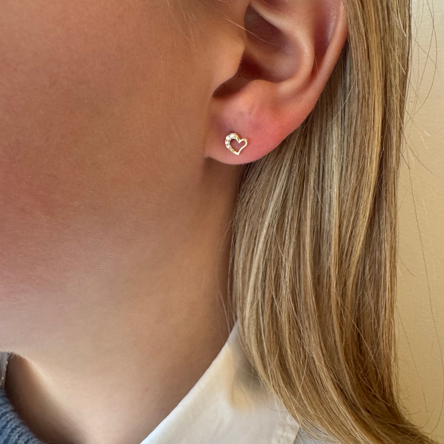 14k Wavy Heart Half Gold & Half Crystal Screwback Studs