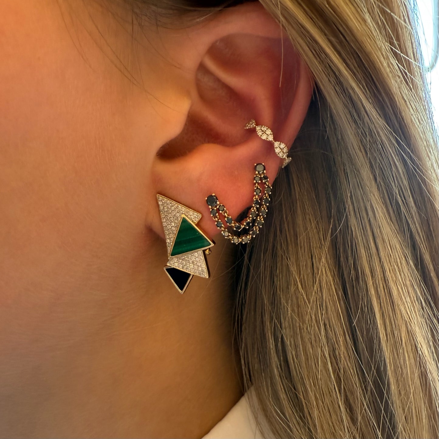 Malachite, Onyx & Pave Diamond Triangle Earrings