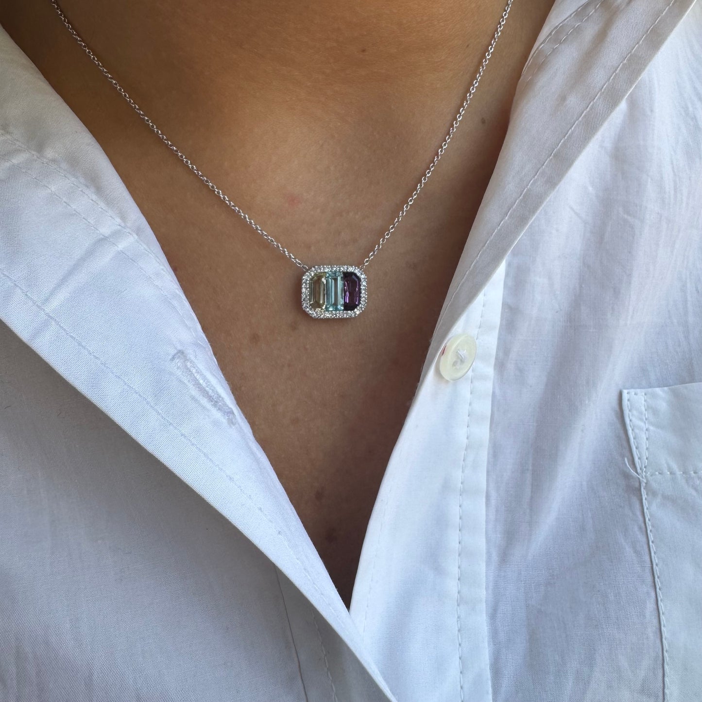 Multi Color Stone Necklace With Diamond Halo