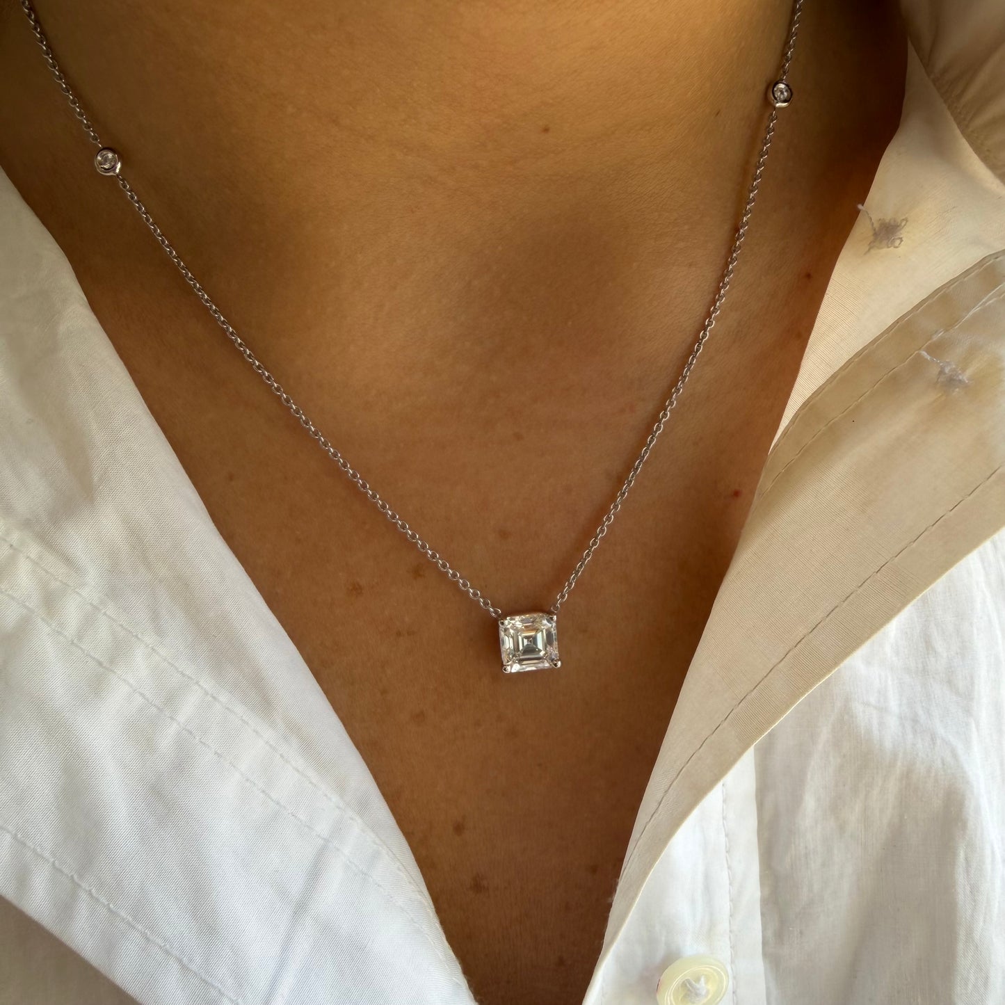 Lab Asscher Cut  & 2 Station Bezel Diamond Necklace