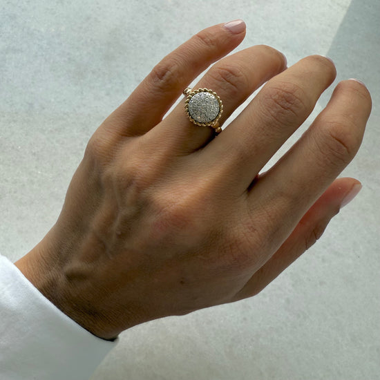 Pave Diamond Beaded Ring With Twisted Gold Halo