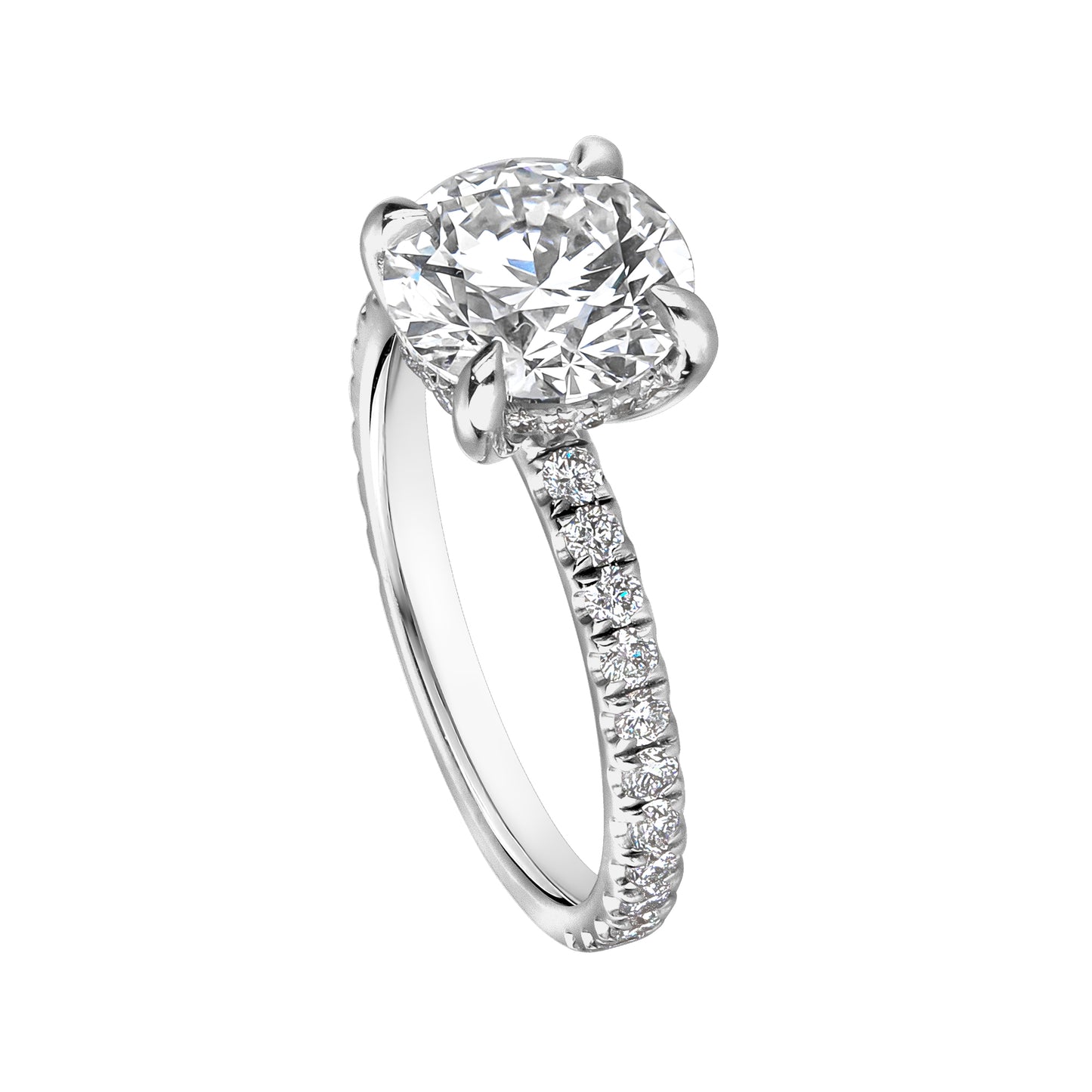 Round Lab Grown Engagement Ring With Pave Band & Hidden Halo