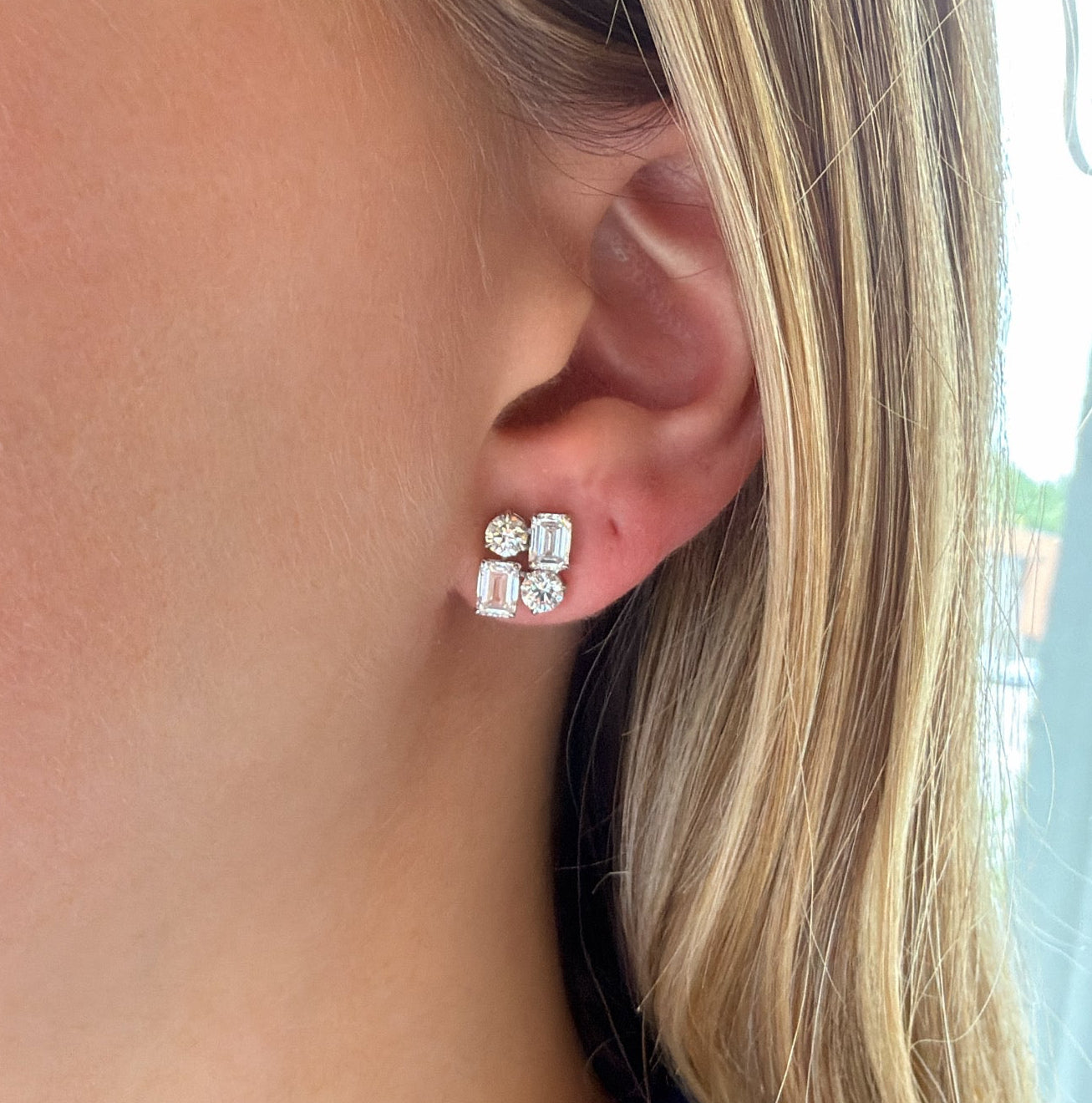 Round & Emerald Lab Diamond 4 Stone Cluster Earrings