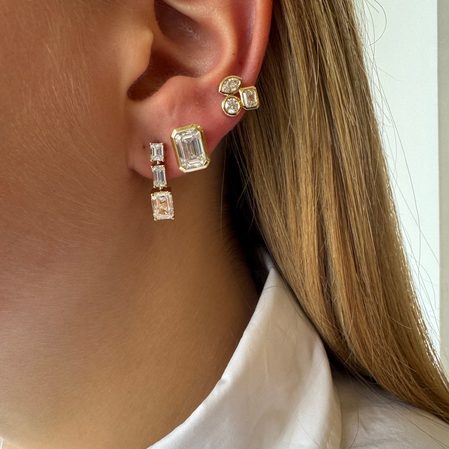 Lab Emerald Bezel Diamond Earrings