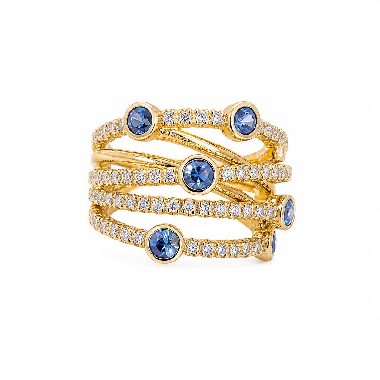 Gold, Diamond, & Blue Sapphire Multi-Row Stackable Ring